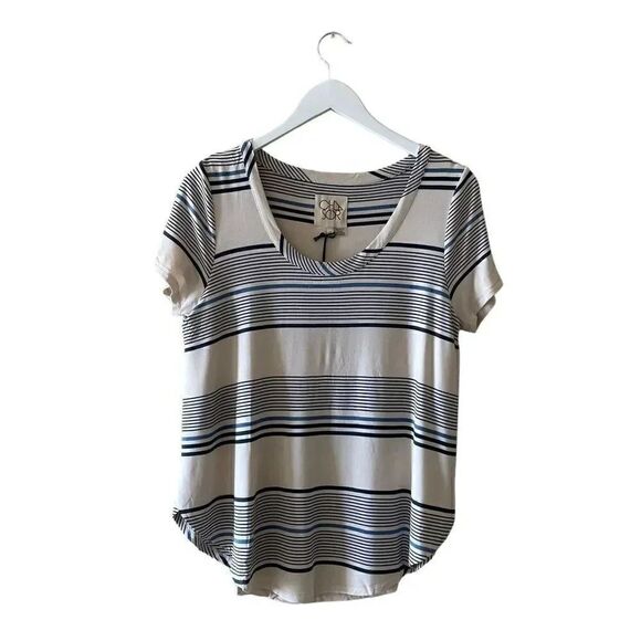 Chaser Stripes White Blue Short Sleeves Athleisure  Lightweight Blouse SZ M - Picture 1 of 11